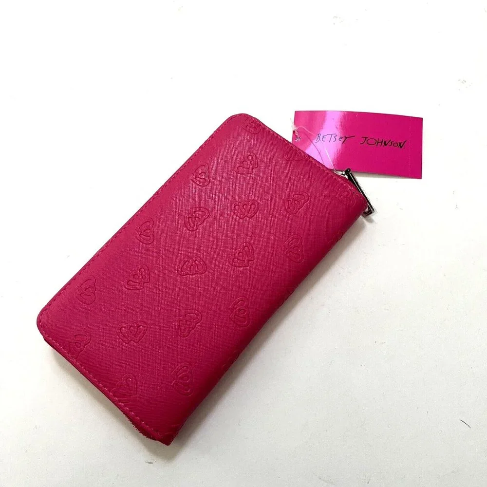 Betsey Johnson Pink Zip Around Long Wallet Double Heart Embossed Fuchsia